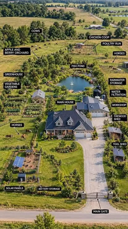 Illustrative aerial view of a rural homestead with a house, pond, gardens and pastures