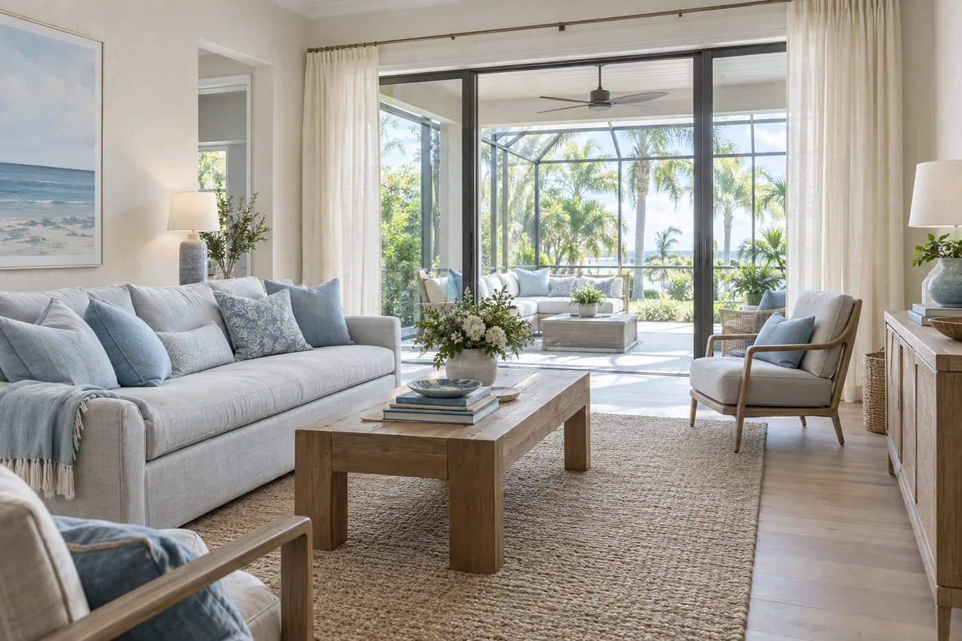 Illustrative coastal living room opening onto a sunny lanai